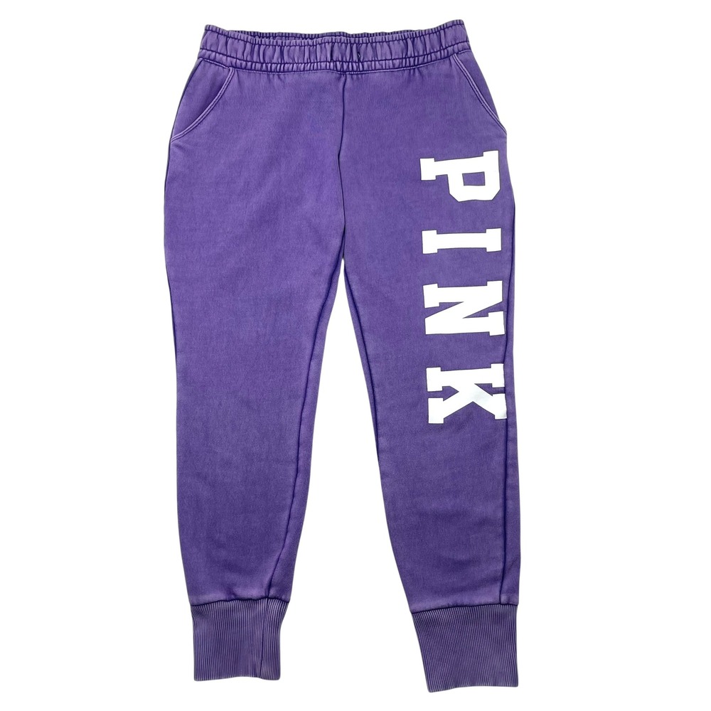 Victoria's Secret PINK Logo Jogger Sweatpants Purple White Spell Out Sz XS‎